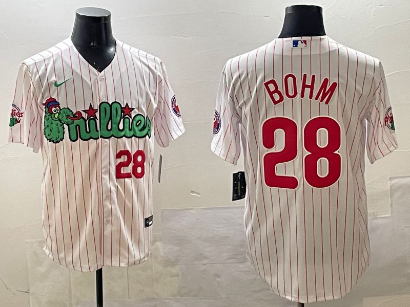 Men Philadelphia Phillies #28 Bohm White Stripe Three generations Joint Name Game 2025 Nike MLB Jersey style 4->philadelphia phillies->MLB Jersey